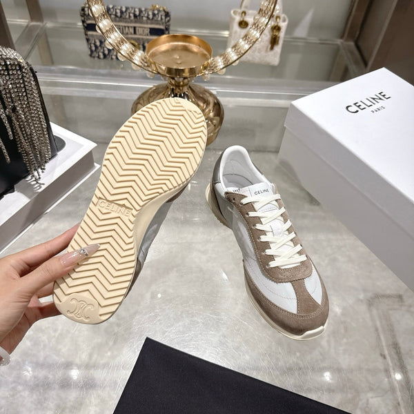 Celine Racer Sneaker Dark Khahi White Suede Fabric 679821