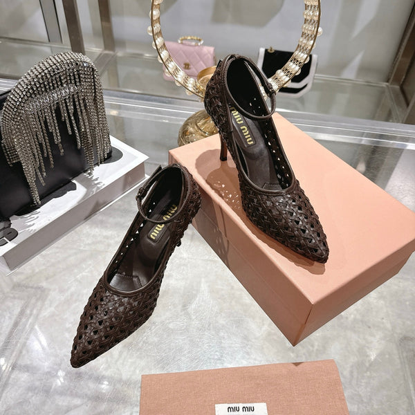 Miu 26s Strappy Pumps 7.5cm Chocolate Sheepskin 679776
