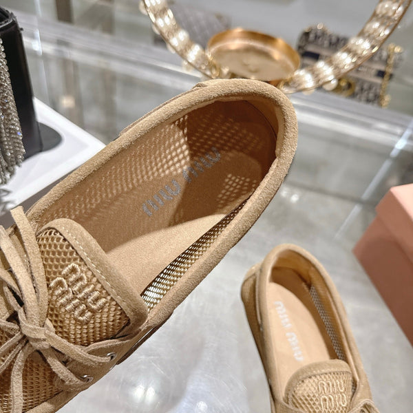 Miu 26s Boat Shoe Beige Mesh Suede 679794