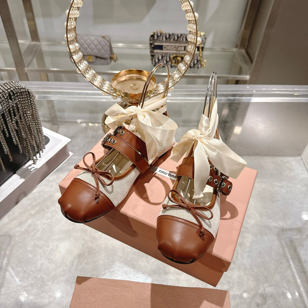 Miu 26s Ballerinas Beige Brown Canvas Leather 679791