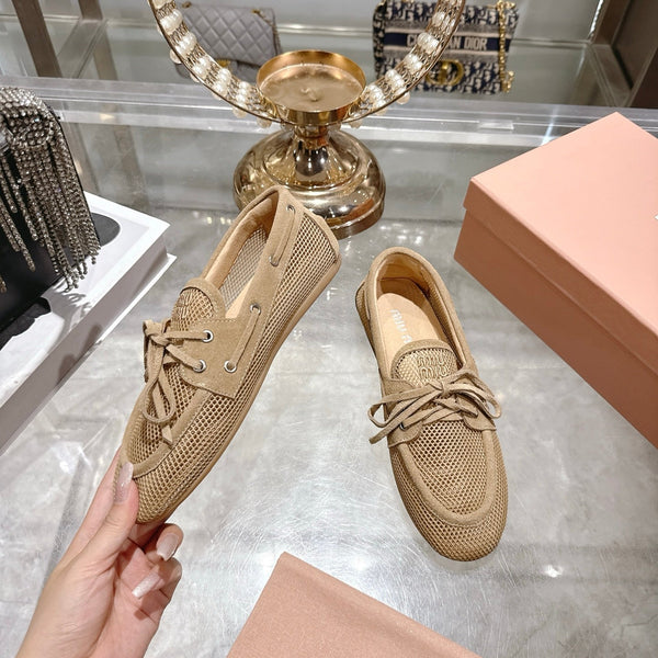 Miu 26s Boat Shoe Beige Mesh Suede 679794