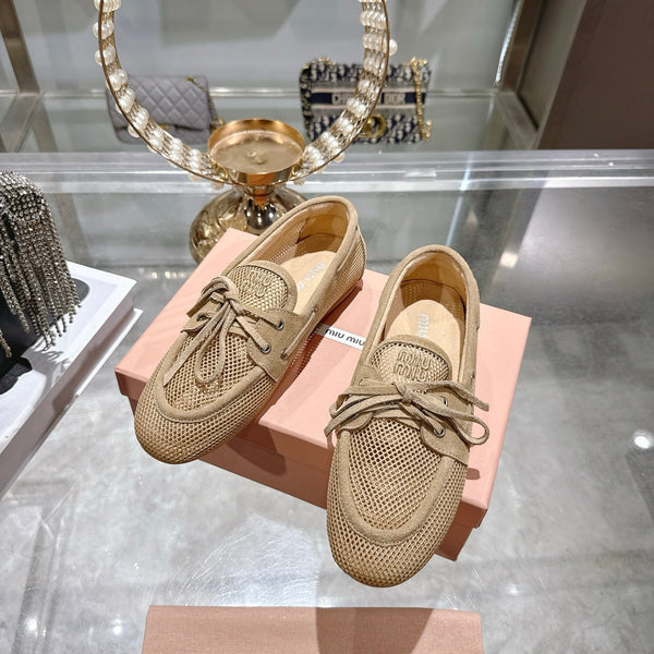 Miu 26s Boat Shoe Beige Mesh Suede 679794