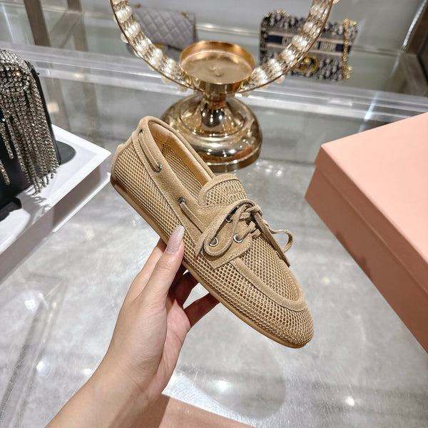 Miu 26s Boat Shoe Beige Mesh Suede 679794