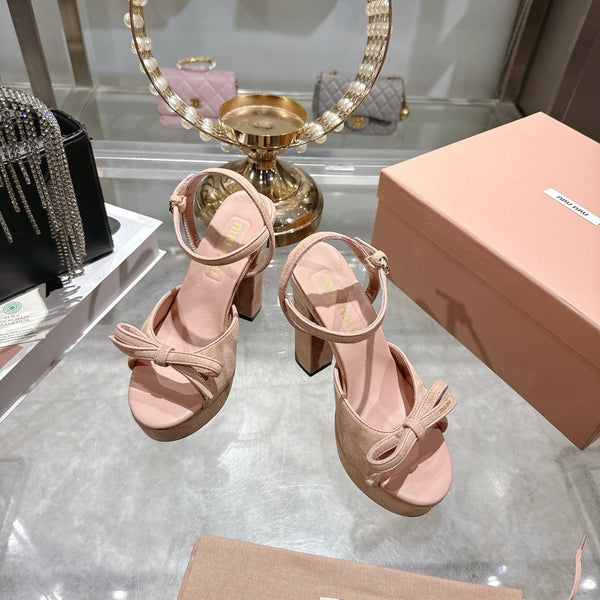 Miu Platform Sandal 12cm With Bow Light Pink Suede 751318