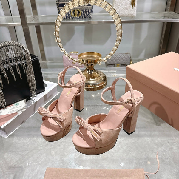 Miu Platform Sandal 12cm With Bow Light Pink Suede 751318