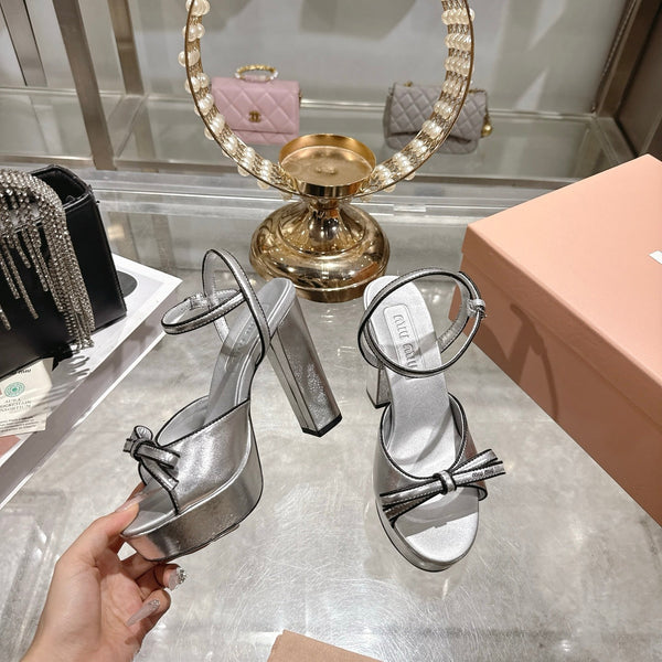 Miu Platform Sandal 12cm With Bow Sliver Leather 751320