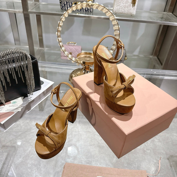 Miu Platform Sandal 12cm With Bow Brown Suede 751321