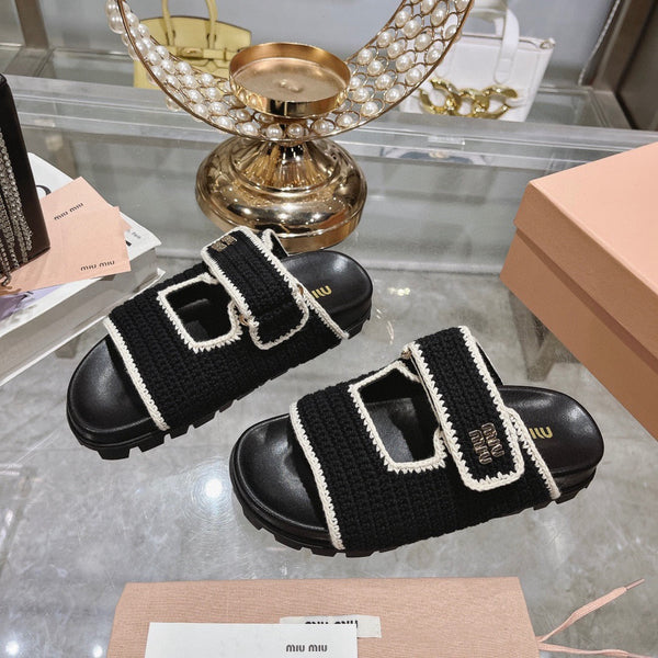 Miu Crochet Sandals Black White Woven 751359