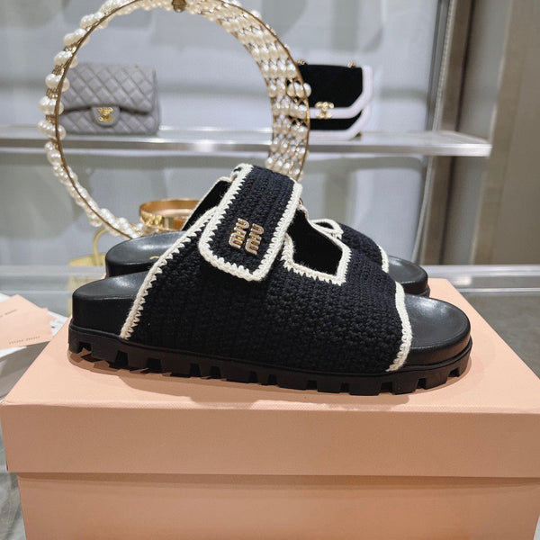 Miu Crochet Sandals Black White Woven 751359