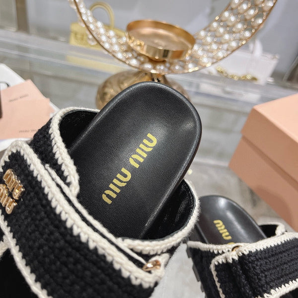 Miu Crochet Sandals Black White Woven 751359