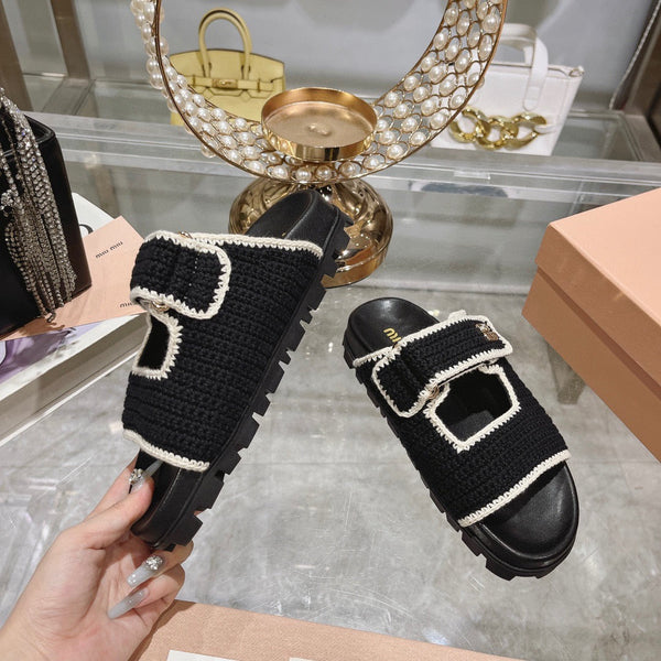 Miu Crochet Sandals Black White Woven 751359