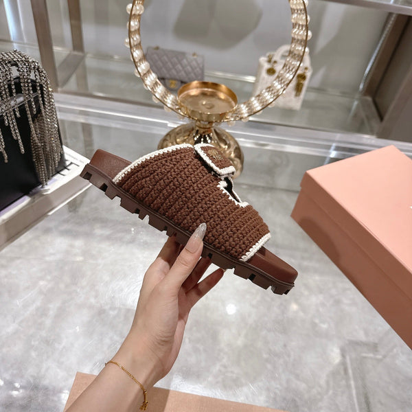 Miu Crochet Sandals Brown White Woven 751360
