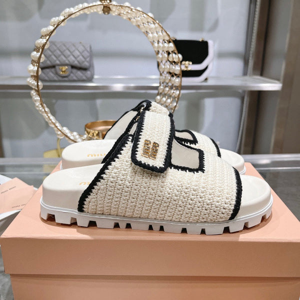 Miu Crochet Sandals Black White Woven 751361