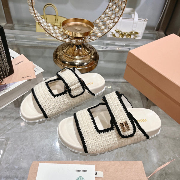 Miu Crochet Sandals Black White Woven 751361