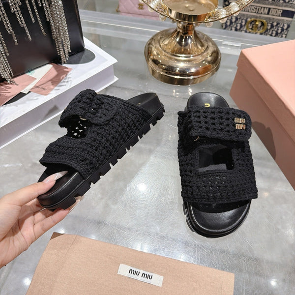 Miu Crochet Sandals Black Woven 751362