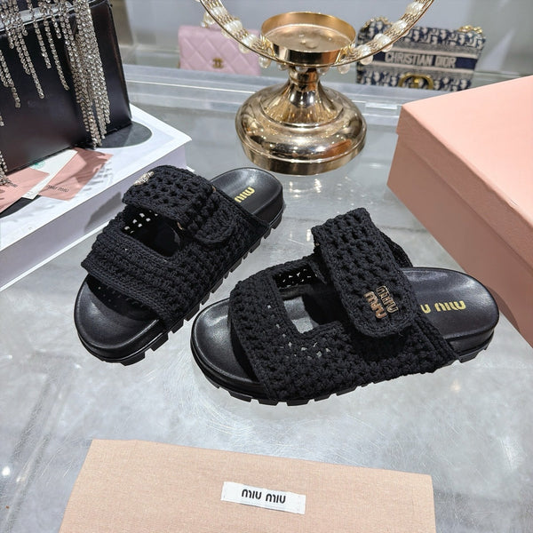 Miu Crochet Sandals Black Woven 751362