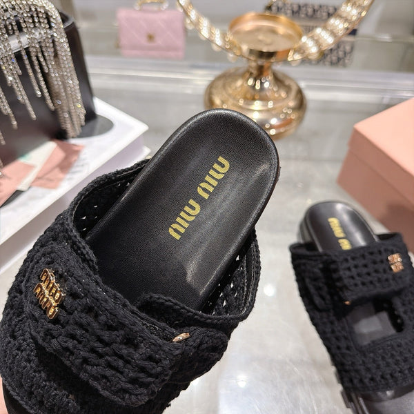 Miu Crochet Sandals Black Woven 751362