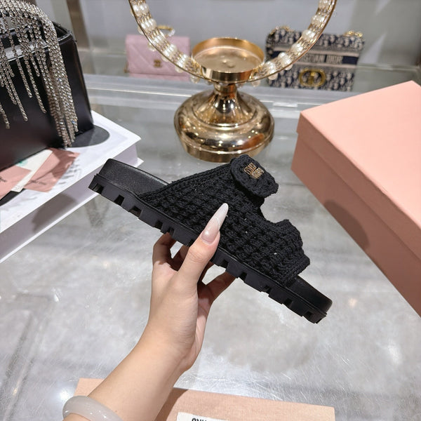 Miu Crochet Sandals Black Woven 751362