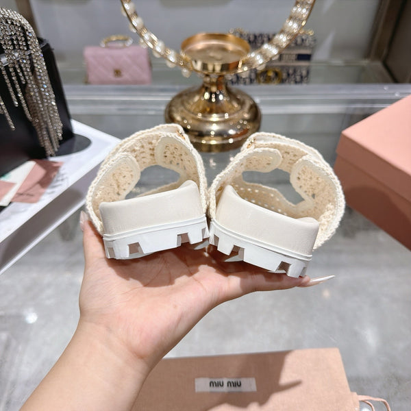 Miu Crochet Sandals Cream Woven 751363