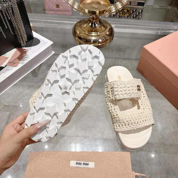 Miu Crochet Sandals Cream Woven 751363