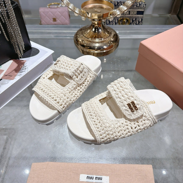 Miu Crochet Sandals Cream Woven 751363