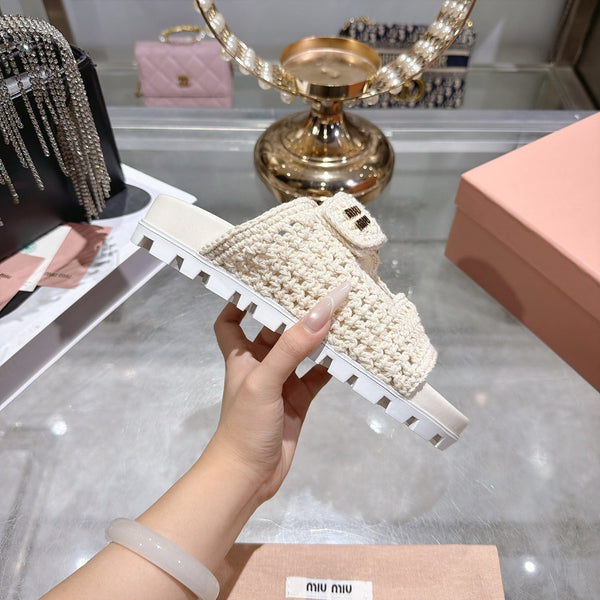 Miu Crochet Sandals Cream Woven 751363