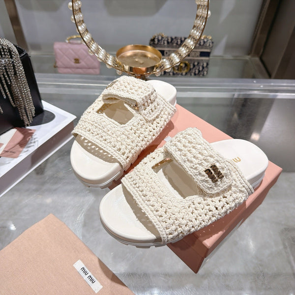 Miu Crochet Sandals Cream Woven 751363