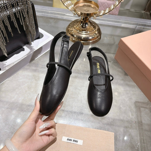 Miu Slingback Flats Black Leather 901738
