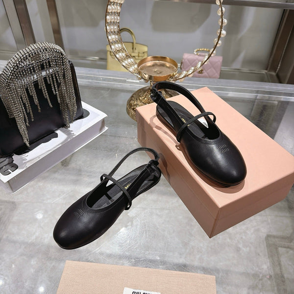 Miu Slingback Flats Black Leather 901738