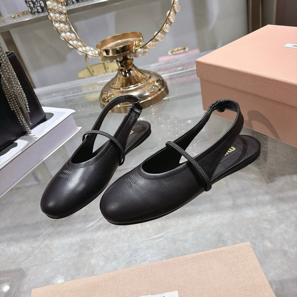 Miu Slingback Flats Black Leather 901738
