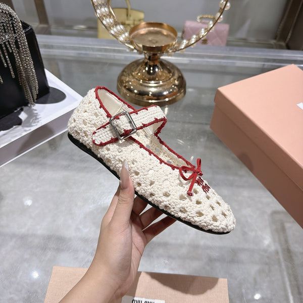 Miu Crochet Ballerinas Cream Red Wool Leather 901741
