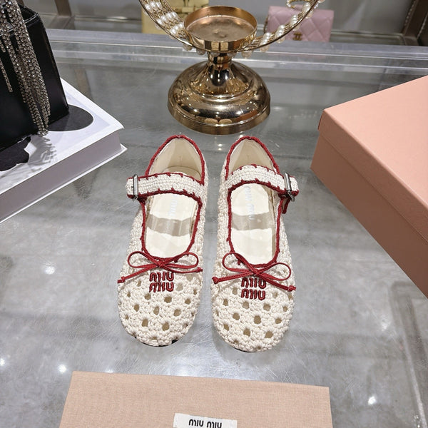 Miu Crochet Ballerinas Cream Red Wool Leather 901741