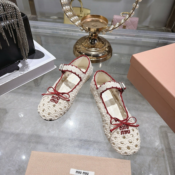 Miu Crochet Ballerinas Cream Red Wool Leather 901741