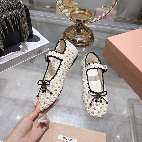 Miu Crochet Ballerinas Cream Black Wool Leather 901742