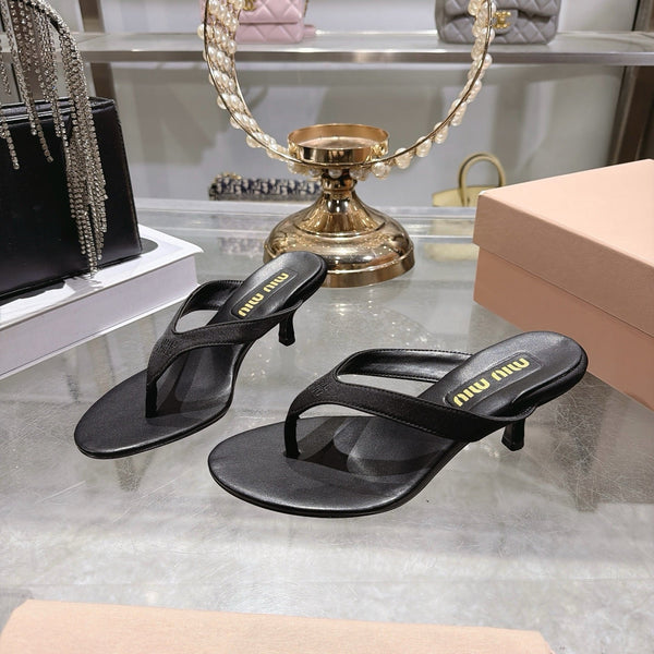 Miu 26s Thong Sandal 6.5cm Black Satin Leather 951525