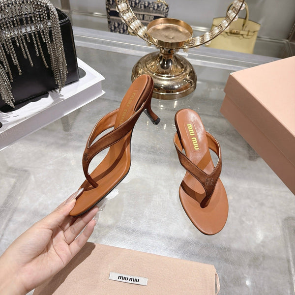 Miu 26s Thong Sandal 6.5cm Brown Satin Leather 951526