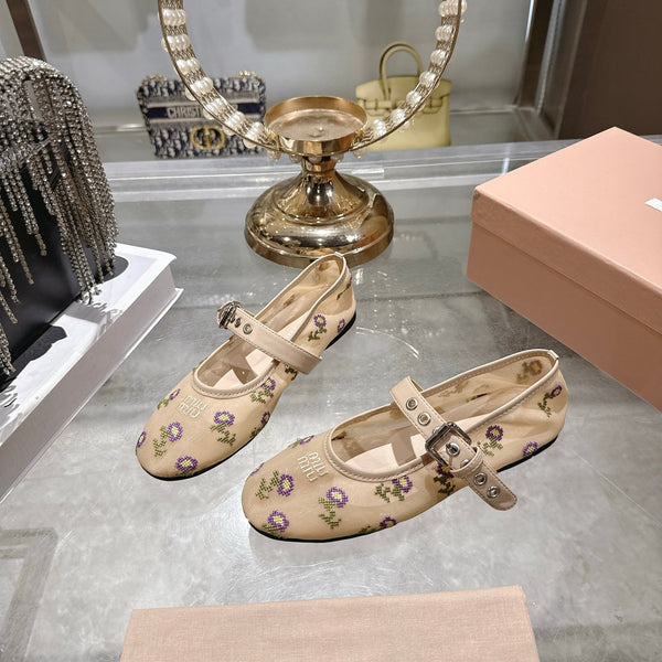 Miu 26s Embroidered Ballerinas Beige Mesh 951509