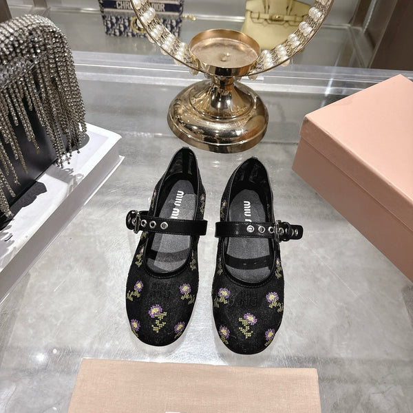 Miu 26s Embroidered Ballerinas Black Mesh 951510