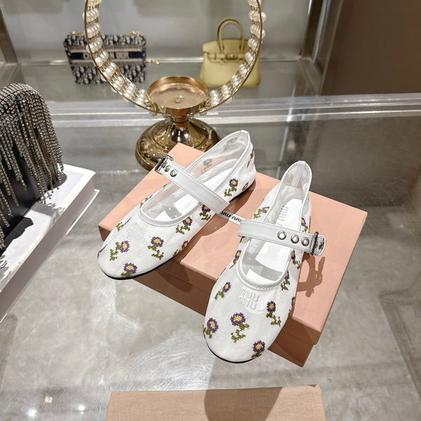 Miu 26s Embroidered Ballerinas White Mesh 951512