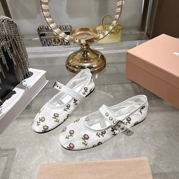 Miu 26s Embroidered Ballerinas White Mesh 951512
