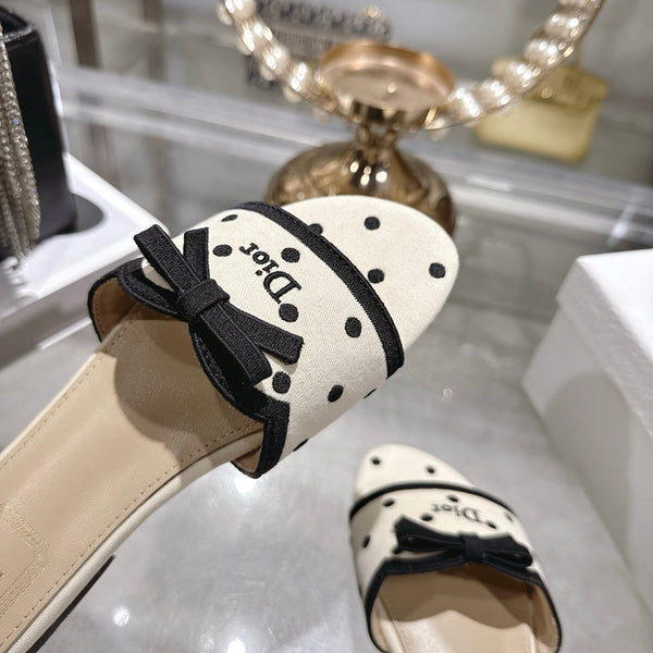 CD Dway Flat Sandal PolkaDior Cream Motif Cotton Leather 951363