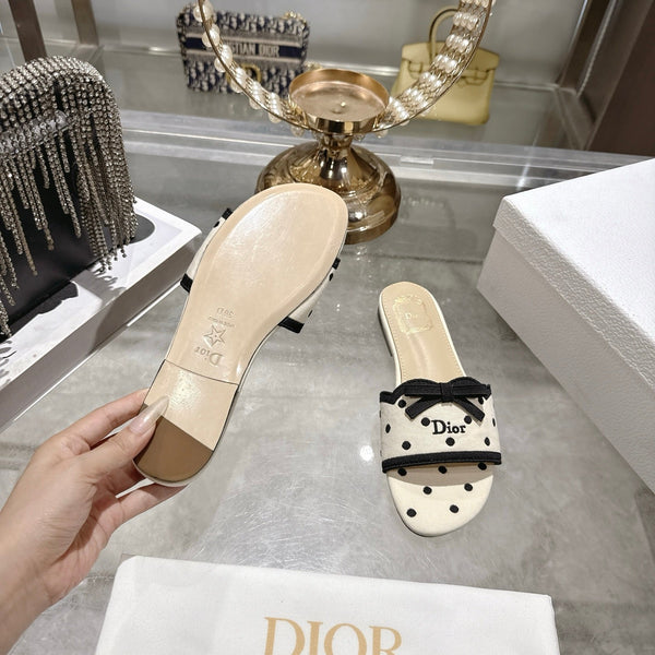 CD Dway Flat Sandal PolkaDior Cream Motif Cotton Leather 951363