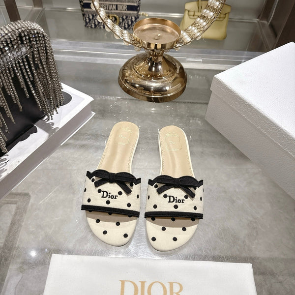 CD Dway Flat Sandal PolkaDior Cream Motif Cotton Leather 951363