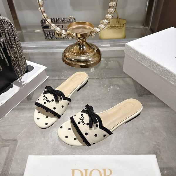 CD Dway Flat Sandal PolkaDior Cream Motif Cotton Leather 951363