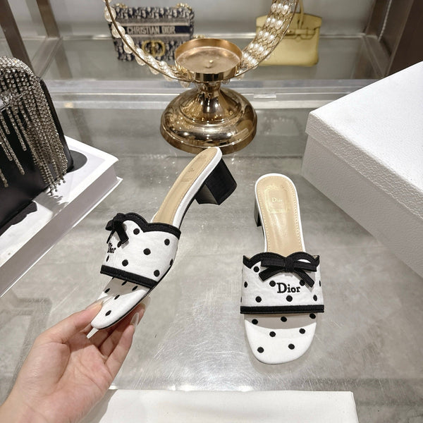 CD Dway Sandal 3.5cm Polka Dior White Motif Cotton Leather 951358