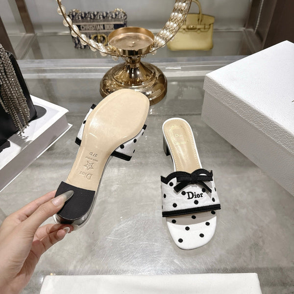 CD Dway Sandal 3.5cm Polka Dior White Motif Cotton Leather 951358