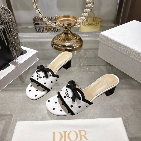 CD Dway Sandal 3.5cm Polka Dior White Motif Cotton Leather 951358