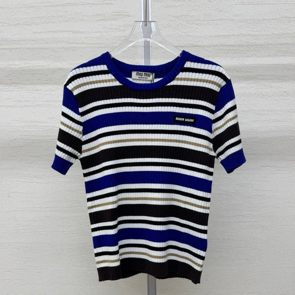 Miumiu 2026 T-shirt rayé Bleu Blanc Marron Laine Cachemire 356974