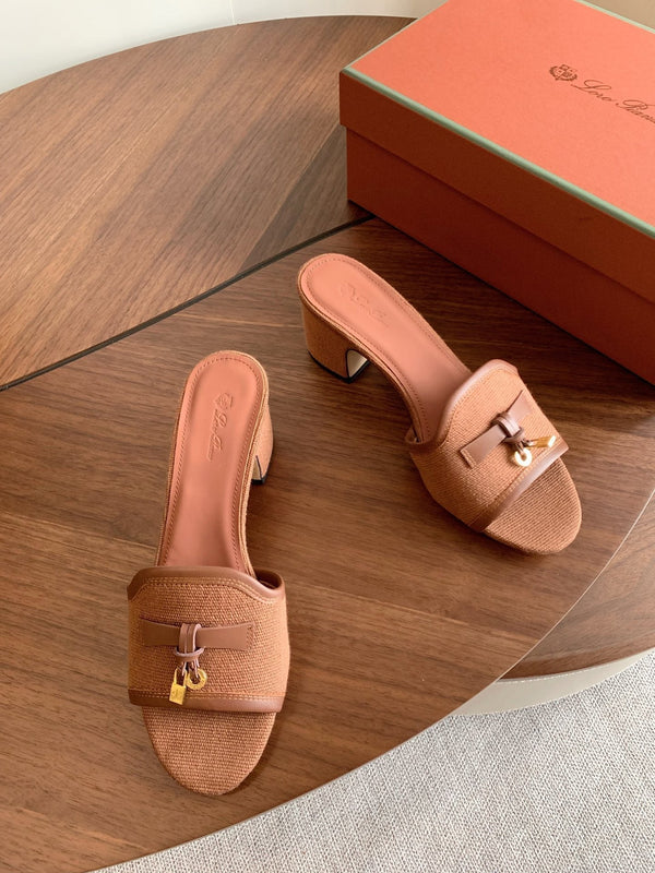 LP 26s Summer Mule Heels 60mm In Dusty Rose Brown Canvas & Calfskin