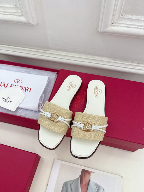 CIABATTA GARAVANI V LOGO SIGNATURE IN RAFIA BEIGE E PELLE DI VITELLO BIANCA